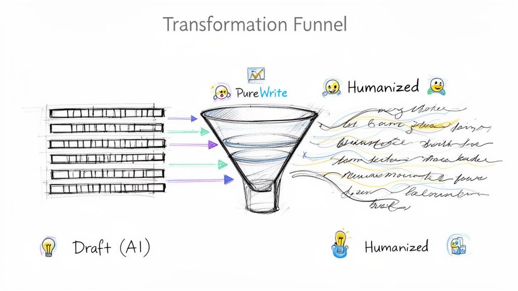 Illustration of a transformation funnel converting AI-drafted content into humanized text.
