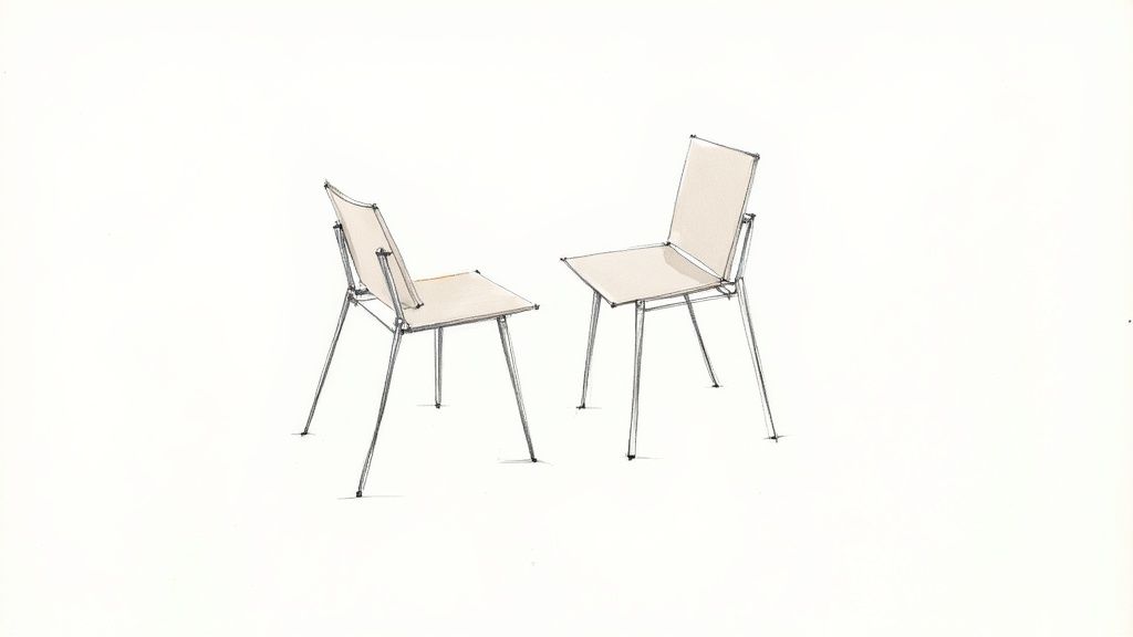 A sketch of two light-colored, minimalist chairs with metal frames on a white background.