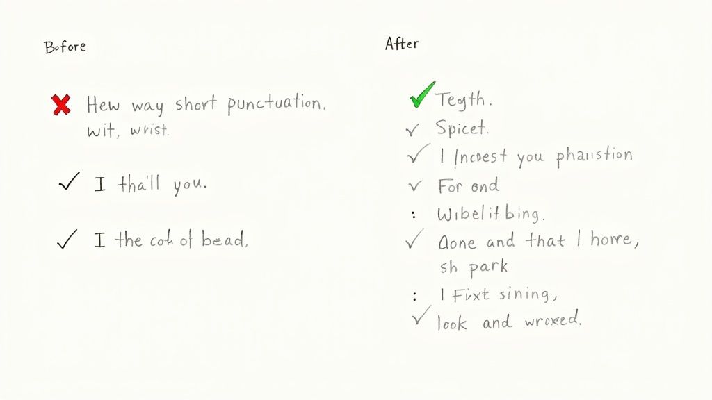 A person proofreading a document with a red pen, circling punctuation errors.