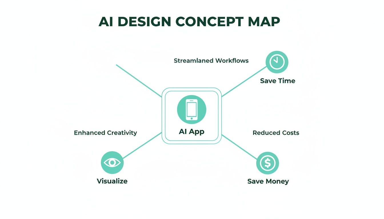 A concept map illustrating the benefits of an AI App, including streamlined workflows, cost savings, and enhanced creativity.