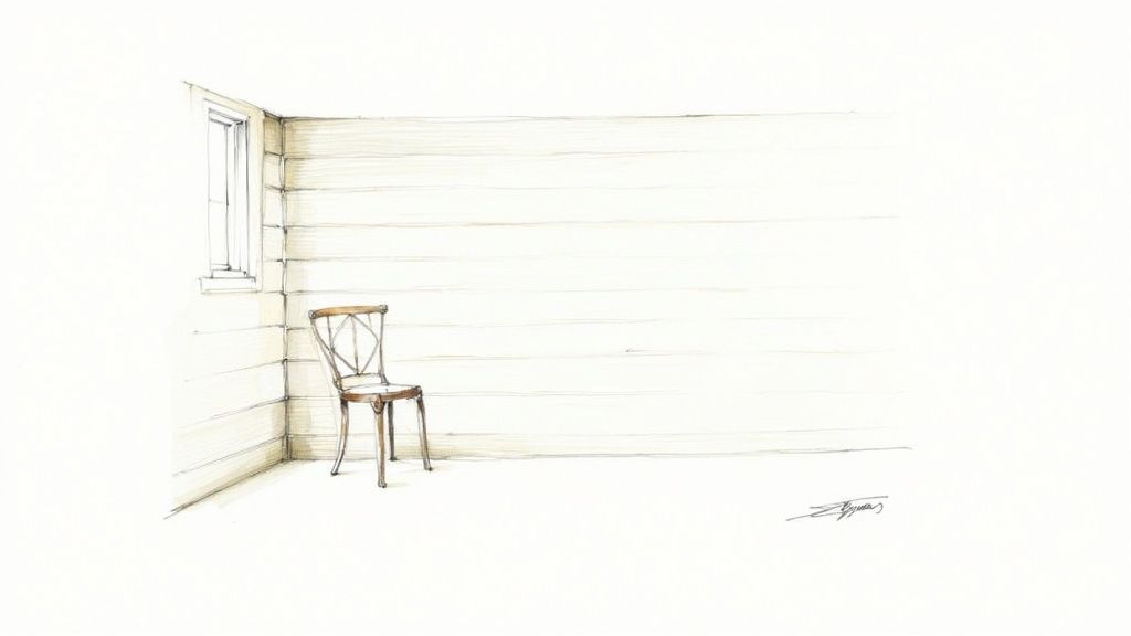 A minimalist drawing of an empty room with a window and a single wooden chair.