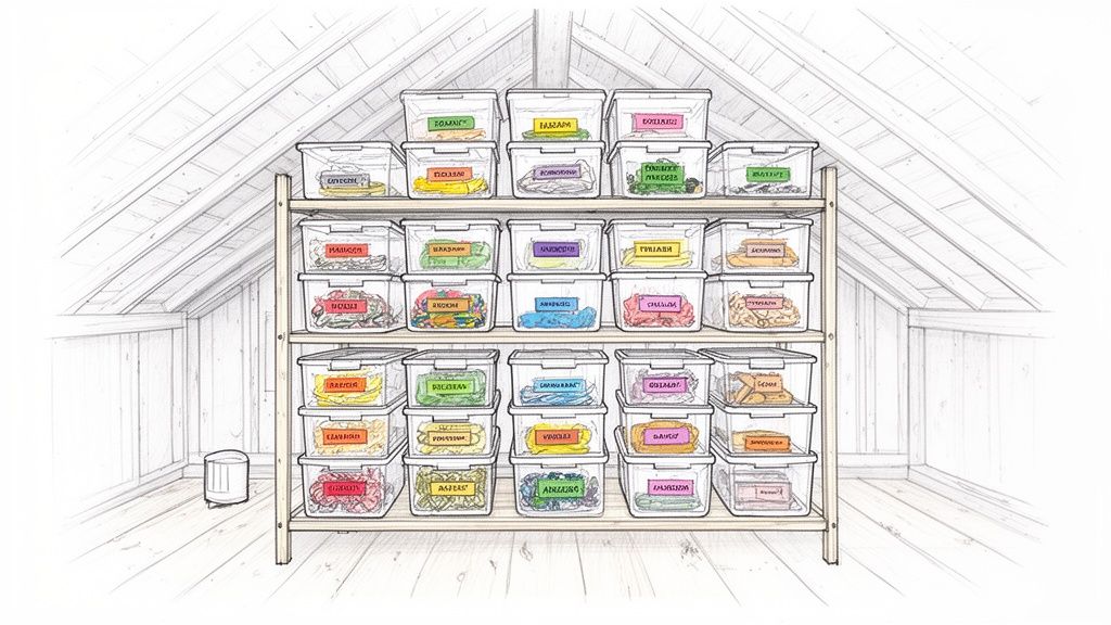 An illustration of an unfinished attic with a wooden shelf holding numerous labeled clear plastic storage containers.