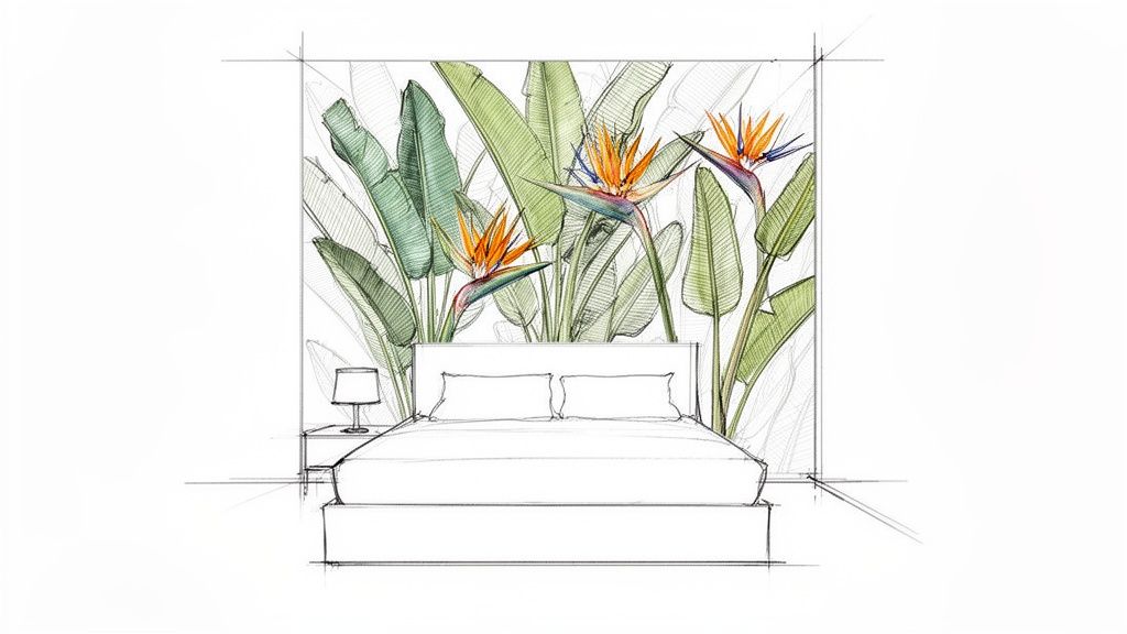 A vibrant sketch of a bedroom with a tropical mural featuring green leaves and orange bird of paradise flowers.
