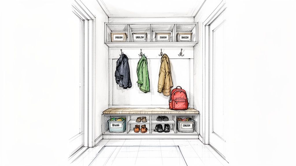 A detailed sketch of a well-organized mudroom with coat hooks, storage bins, shoes, and a bench.