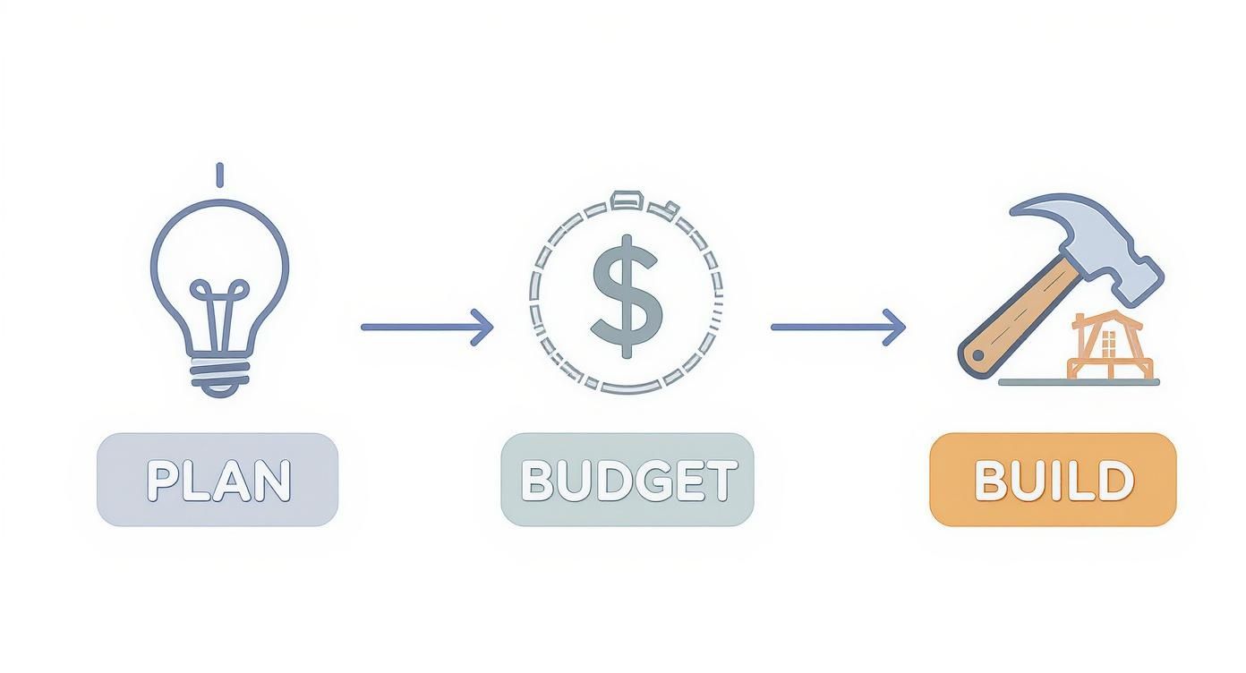 Three-step project workflow showing plan with lightbulb, budget with dollar sign, and build with hammer and house