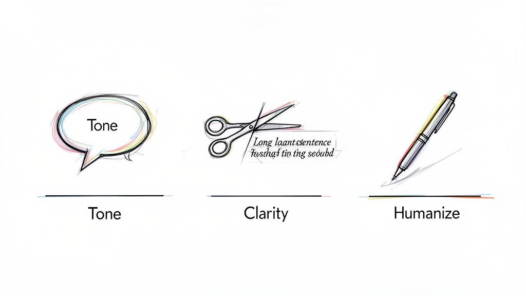 Three concepts for text improvement: Tone (speech bubble), Clarity (scissors cutting text), and Humanize (pen writing).