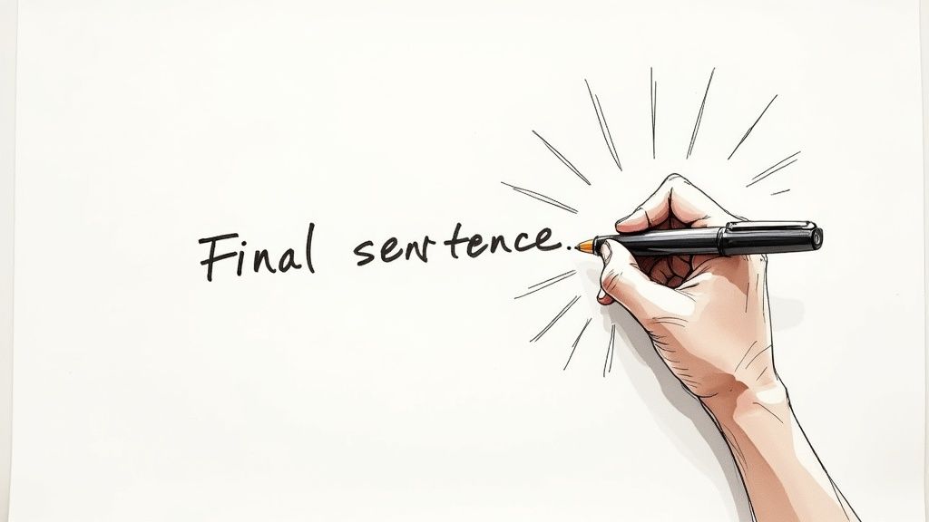 An illustration of a hand writing "Final sentence." on a white background with a black marker.