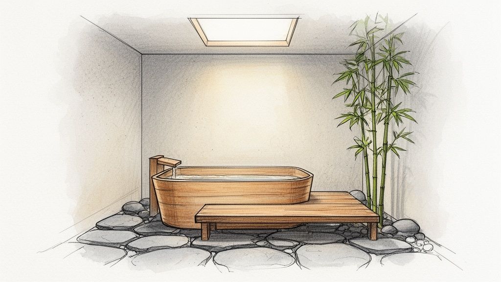 A hand-drawn illustration of a tranquil Japanese bathroom featuring a wooden soaking tub, bamboo plants, and stone flooring.