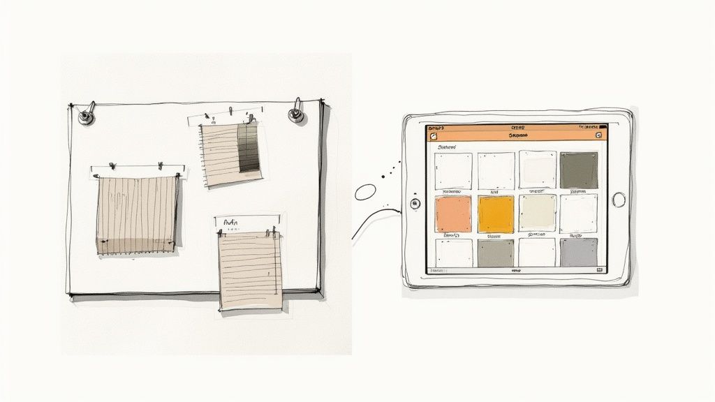 A digital mood board on a laptop screen next to a physical mood board with fabric swatches and color samples.