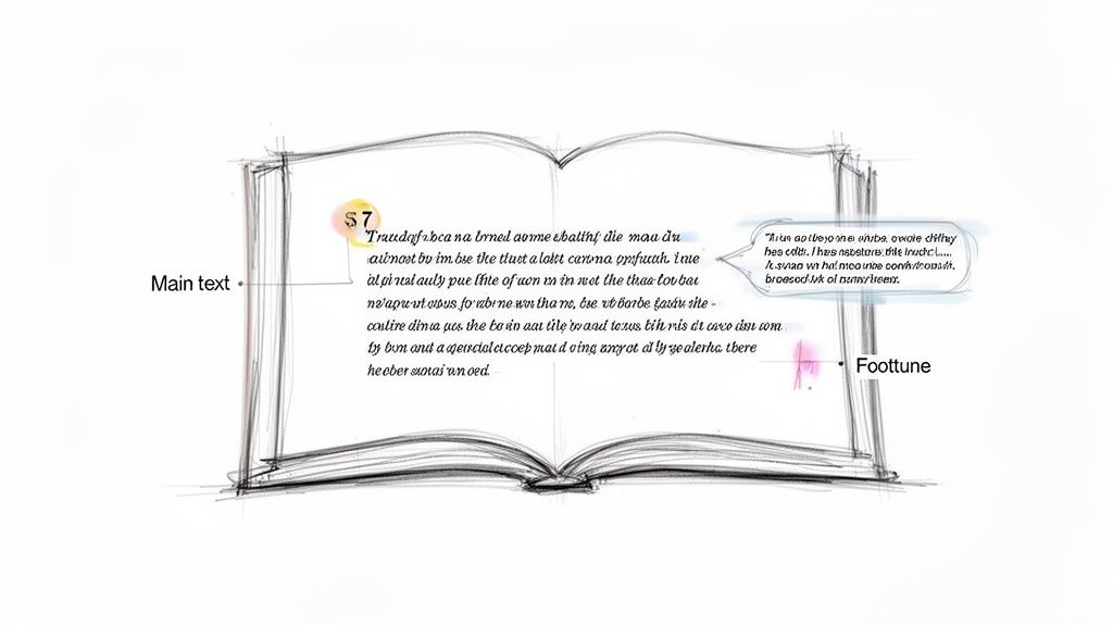 A hand-drawn sketch of an open book with labels for main text, section S7, and a Foottune.