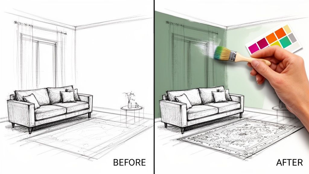 Sketch showing a room transformation with a hand painting a green wall and color palette.