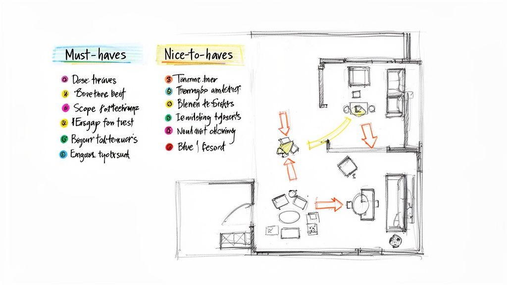 Handwritten floor plan sketch illustrating renovation ideas, with furniture layouts, directional arrows, and two lists titled 'Must-haves' and 'Nice-to-haves'.