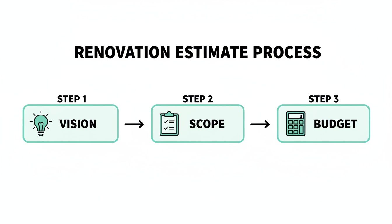 A clear flowchart outlining the renovation estimate process, including steps for vision, scope, and budget.