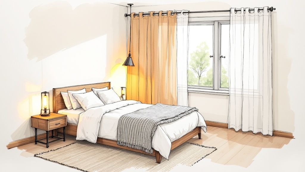 A watercolor sketch of a cozy minimalist bedroom featuring a wooden bed, nightstand, and window.