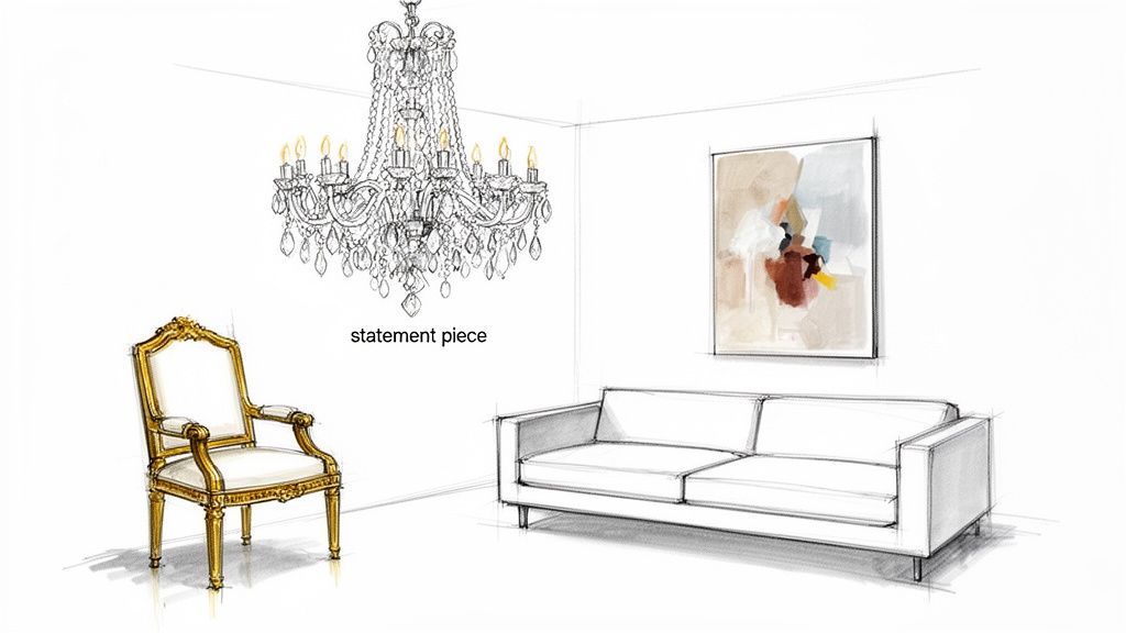 Hand-drawn sketch illustrating a room with a crystal chandelier, gold armchair, white sofa, and abstract painting.