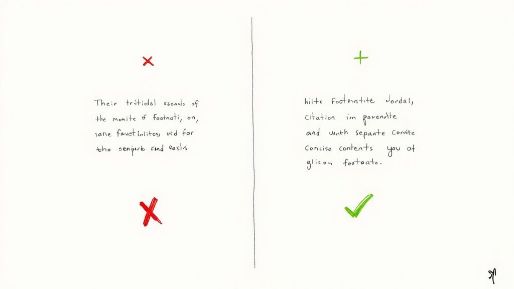 A handwritten diagram comparing incorrect and correct methods for footnote citations.