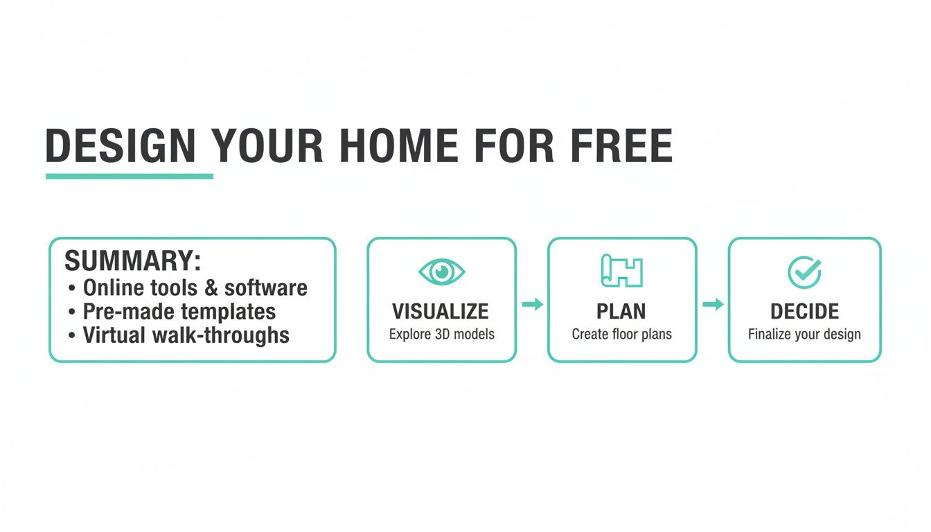 An infographic detailing how to design your home for free using online tools and a three-step process.