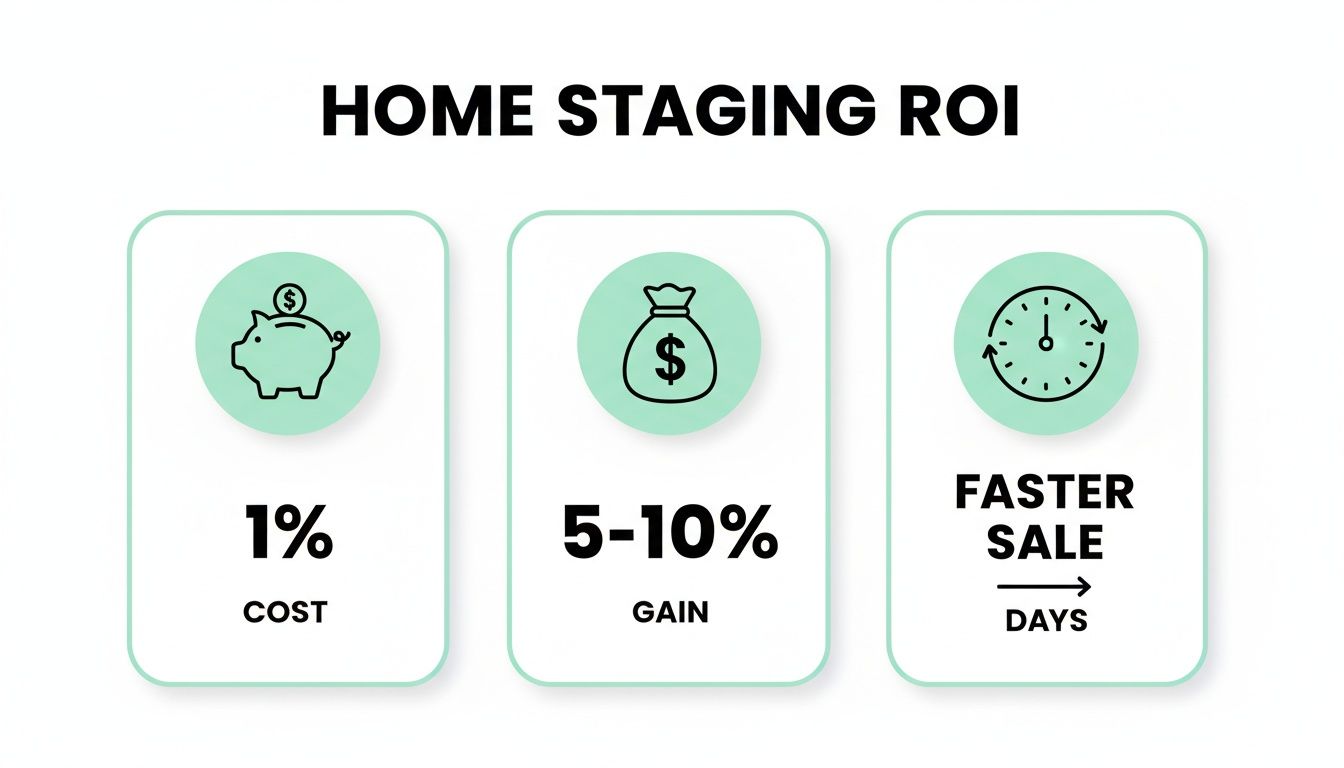 Infographic showing home staging ROI, detailing 1% cost, 5-10% gain, and faster sale days.