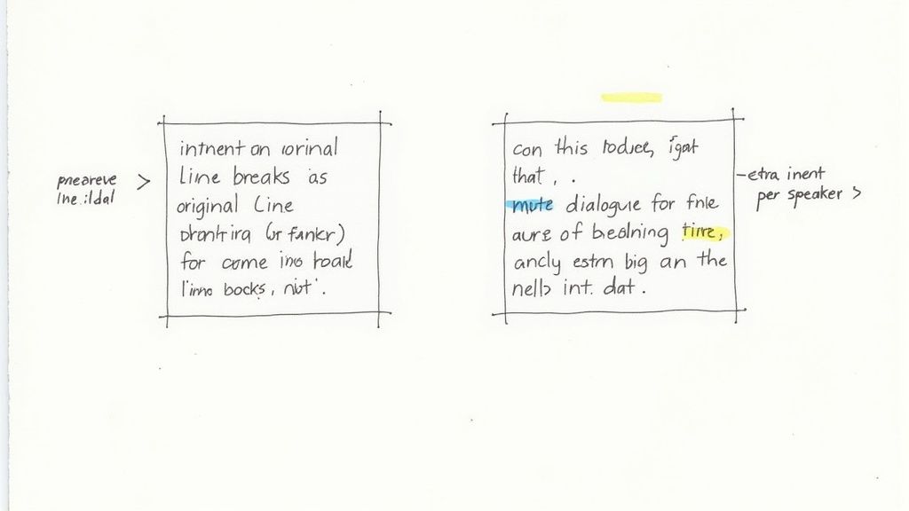 Handwritten notes detailing rules for line breaks, dialogue, and timing in text transcription, with highlights.