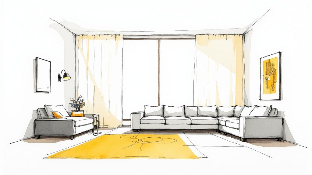 A hand-drawn sketch of a modern living room featuring a sectional sofa, armchair, and bright yellow rug.