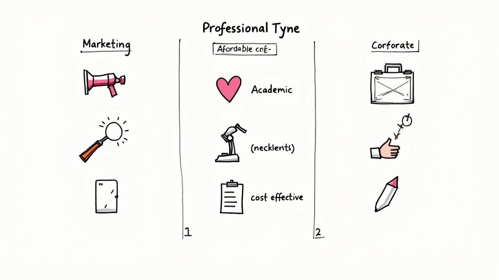 A hand-drawn diagram illustrating concepts for Marketing, Professional Tyne, and Corporate fields.