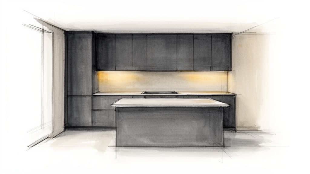 Watercolor sketch of a modern kitchen with charcoal grey cabinets, white countertops, and an island with warm lighting.