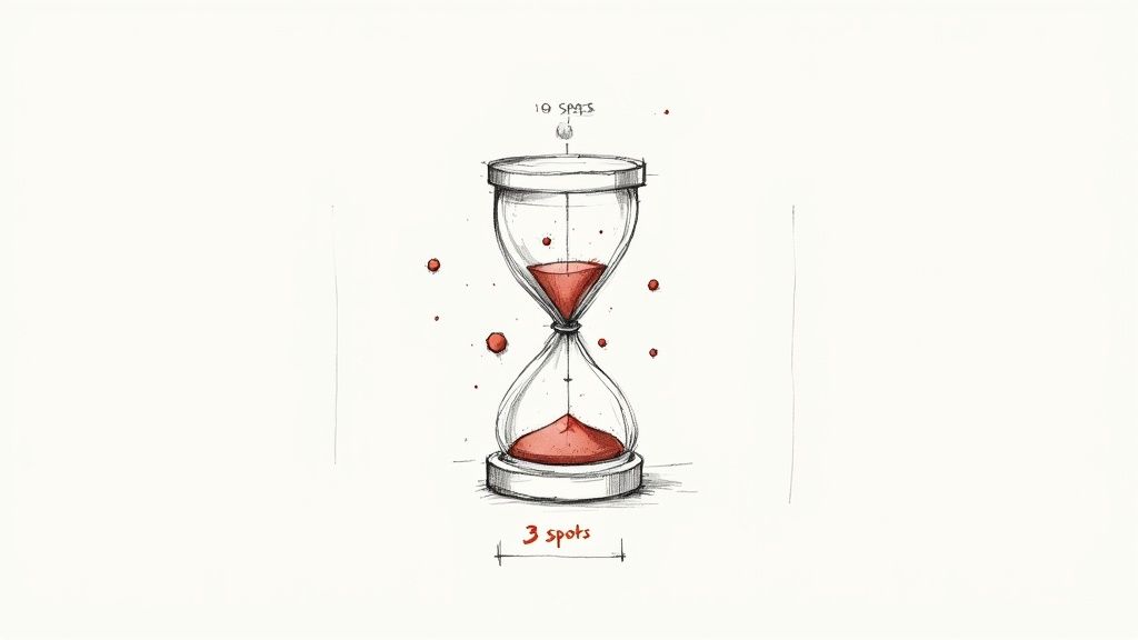 A hand-drawn sketch of an hourglass with red sand, surrounded by red spots and number labels.