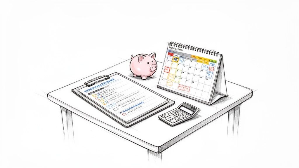 A desk with a clipboard, piggy bank, calendar, and calculator, symbolizing financial planning.