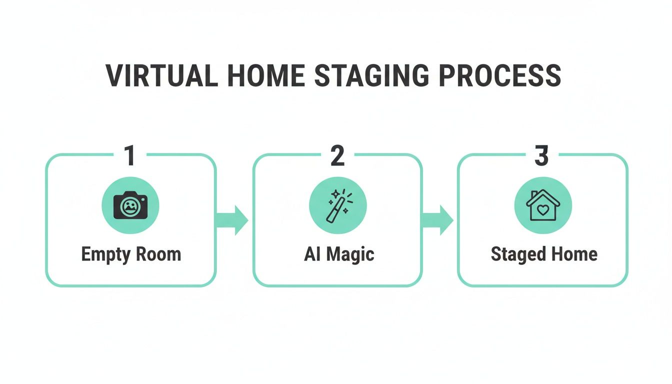 Diagram illustrating the virtual home staging process: empty room photo, AI magic, staged home.