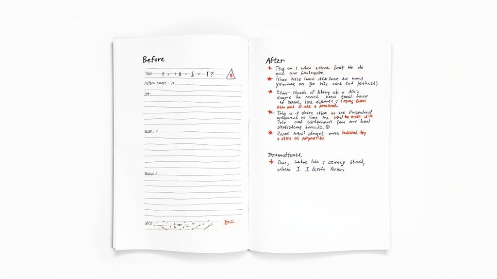Close-up of an open notebook displaying handwritten 'Before' and 'After' content revisions.