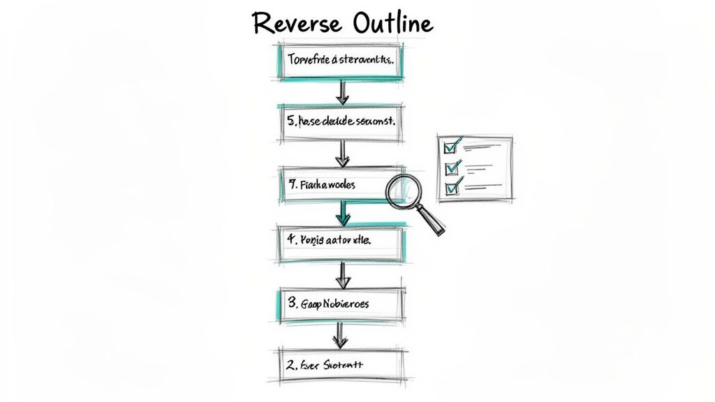 A hand-drawn flowchart titled 'Reverse Outline' with numbered steps and arrows, featuring a magnifying glass and checklist.