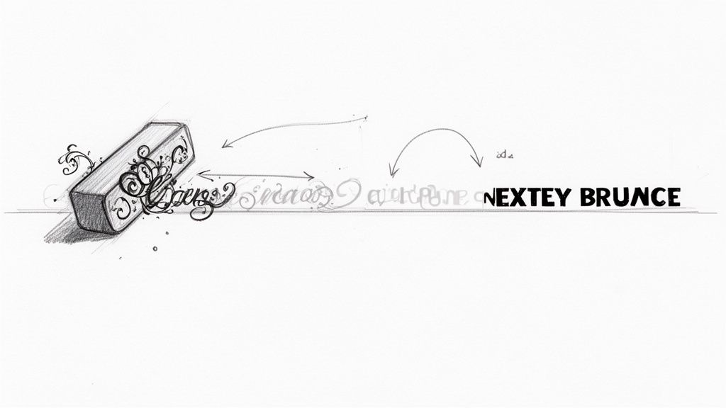 Pencil drawing of an eraser rubbing out decorative script to reveal the text 'NEXTEY BRUNCE'.
