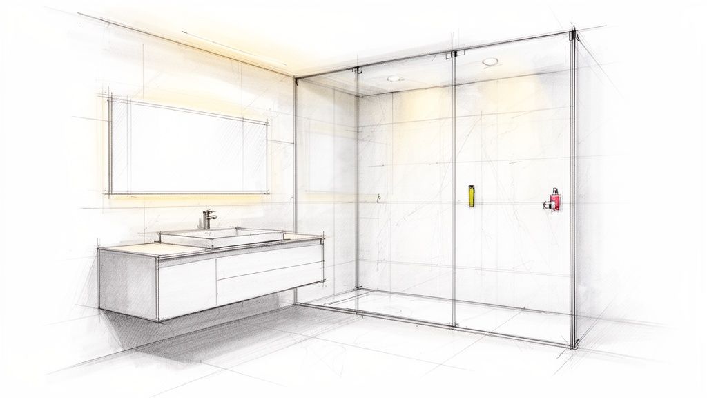 A hand-drawn architectural sketch of a modern bathroom featuring a floating vanity, mirror, and glass shower.