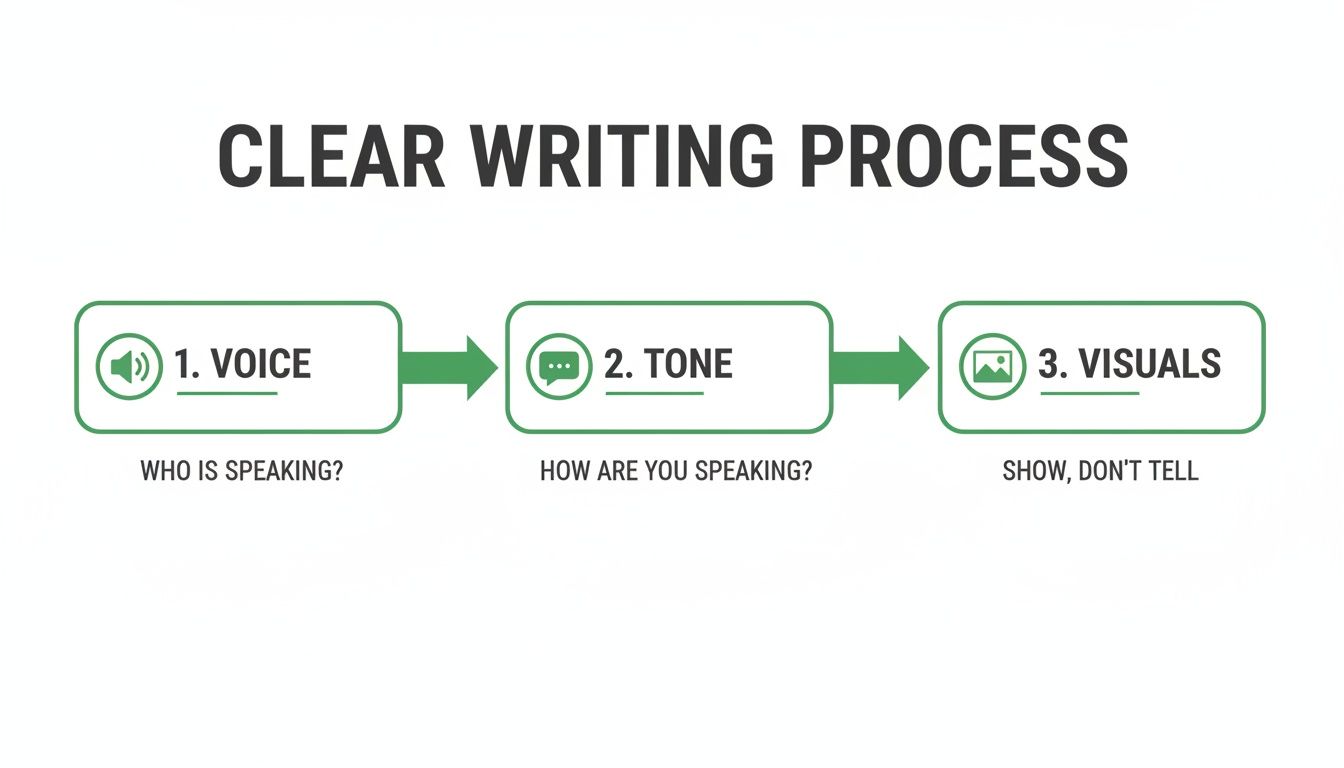 A clear writing process flowchart shows three steps: 1. Voice, 2. Tone, and 3. Visuals, for effective writing.