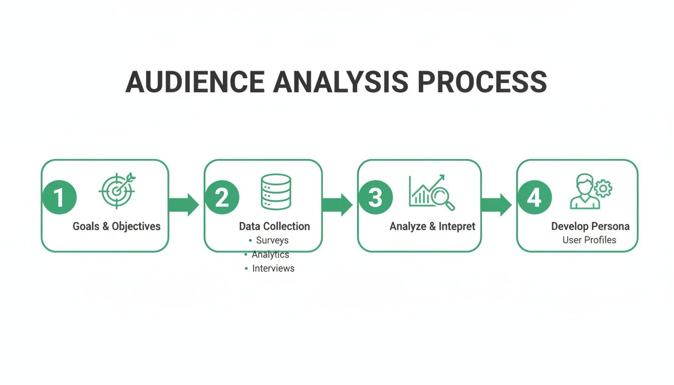 A four-step diagram illustrating the audience analysis process, from goals to persona development.