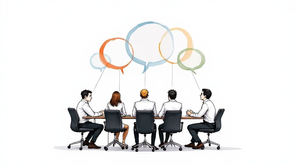 A group of professionals collaborating effectively in a modern office, demonstrating strong business communication skills.