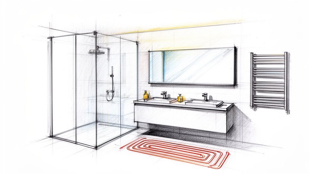 A detailed sketch of a modern bathroom with a glass shower, double vanity, mirror, towel warmer, and underfloor heating.