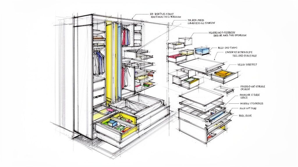 Detailed architectural sketch of a modular closet system with drawers, shelves, and hanging space, showing various storage solutions.