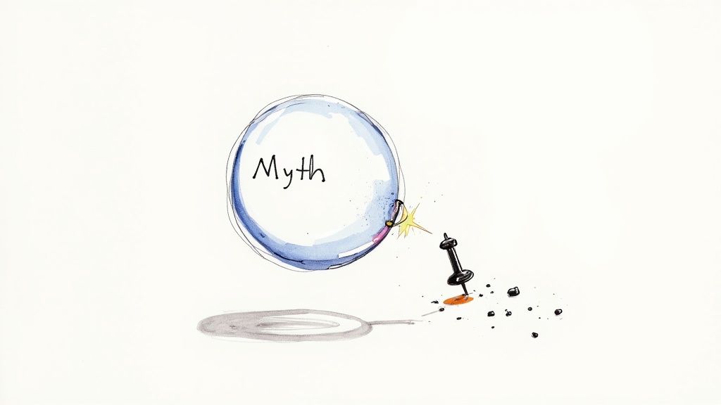 A lightbulb icon shattering into pieces, symbolizing the debunking of myths.