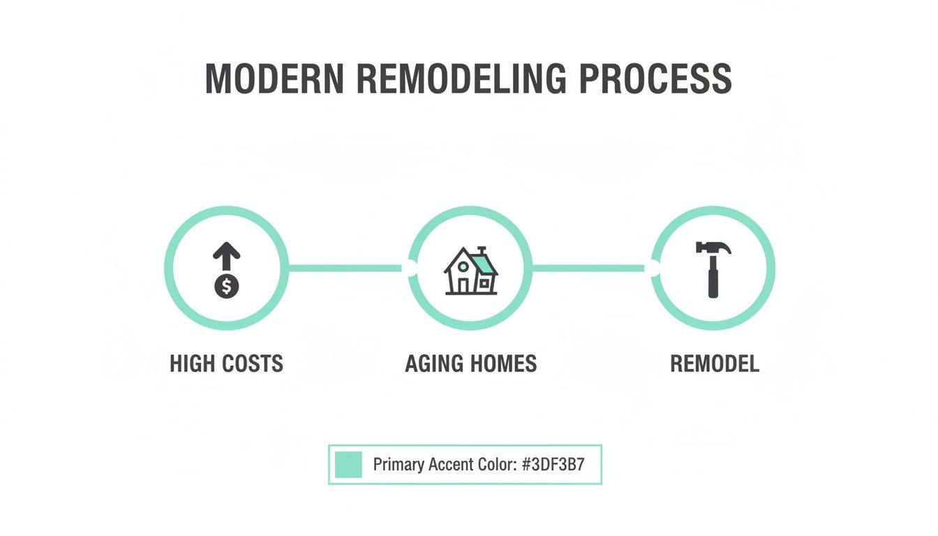 Flowchart showing the modern home remodeling process with high costs, aging homes, and remodel steps.