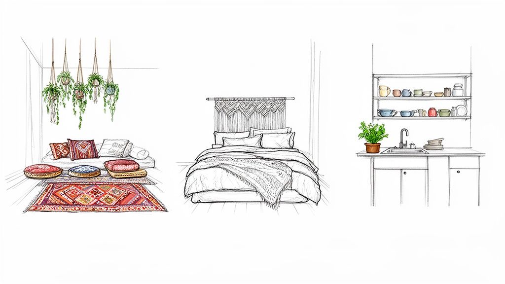 Hand-drawn sketches showcasing three distinct bohemian-style interior designs: a living room, bedroom, and kitchen.