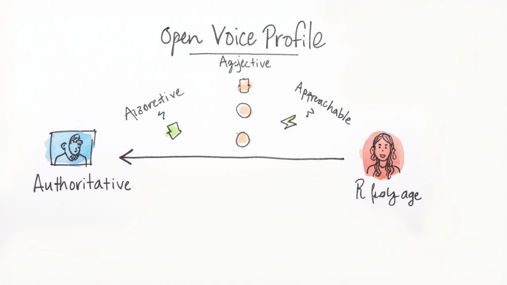 Open voice profile diagram showing aggressive to assertive scale from authoritative to relatable communication styles