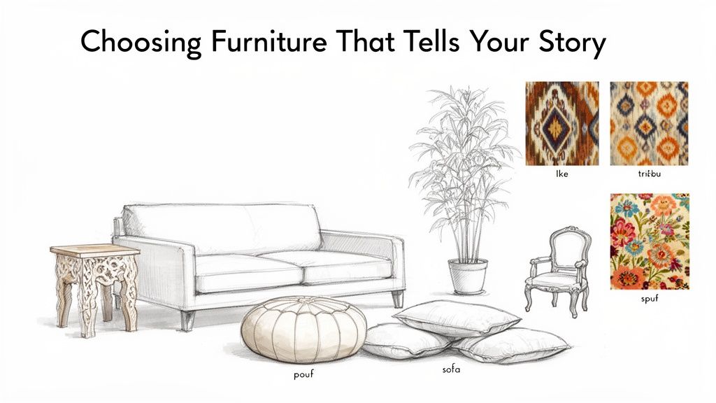 Illustrations of living room furniture, including a sofa, pouf, and chair, with fabric swatches for interior design.