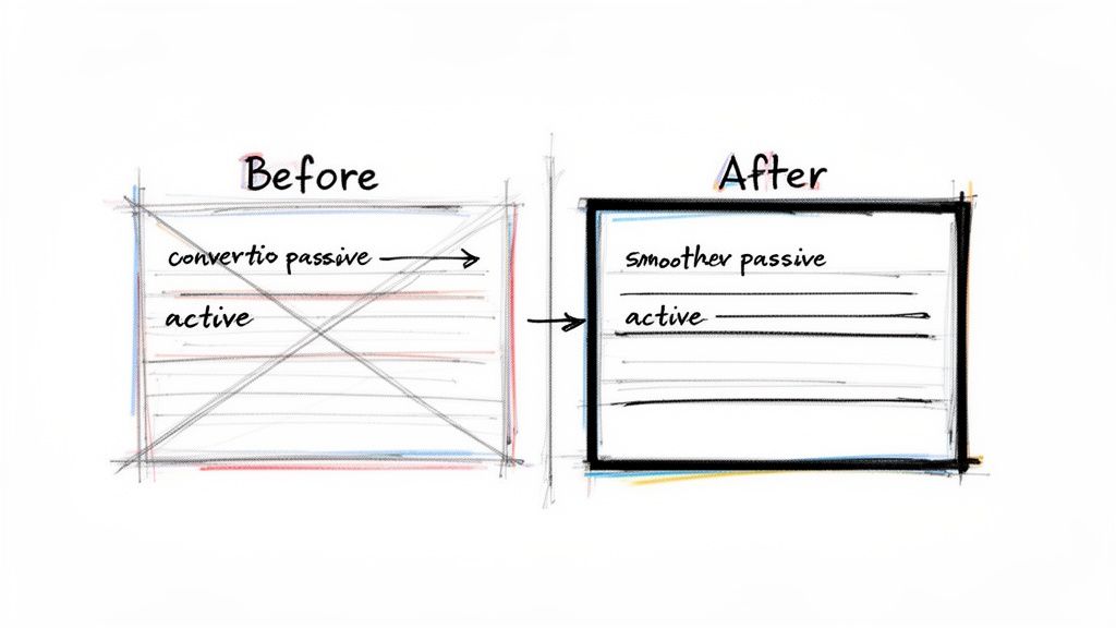 Hand-drawn 'Before and After' comparison showing revision of passive voice to smoother active writing.