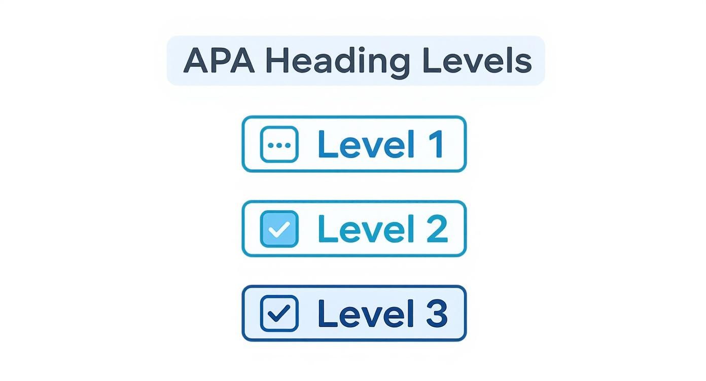 An illustration showing APA heading levels 1, 2, and 3 with corresponding icons.