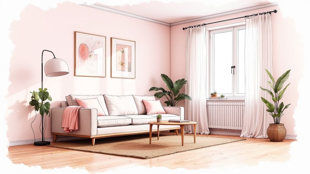 Bright living room with pink walls, white sofa, floor lamp, plants, and framed art.