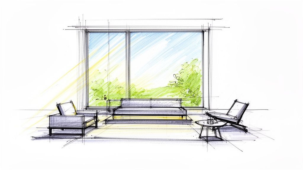Architectural sketch of a modern living room with large windows, a couch, two chairs, and a table, illuminated by sunlight.
