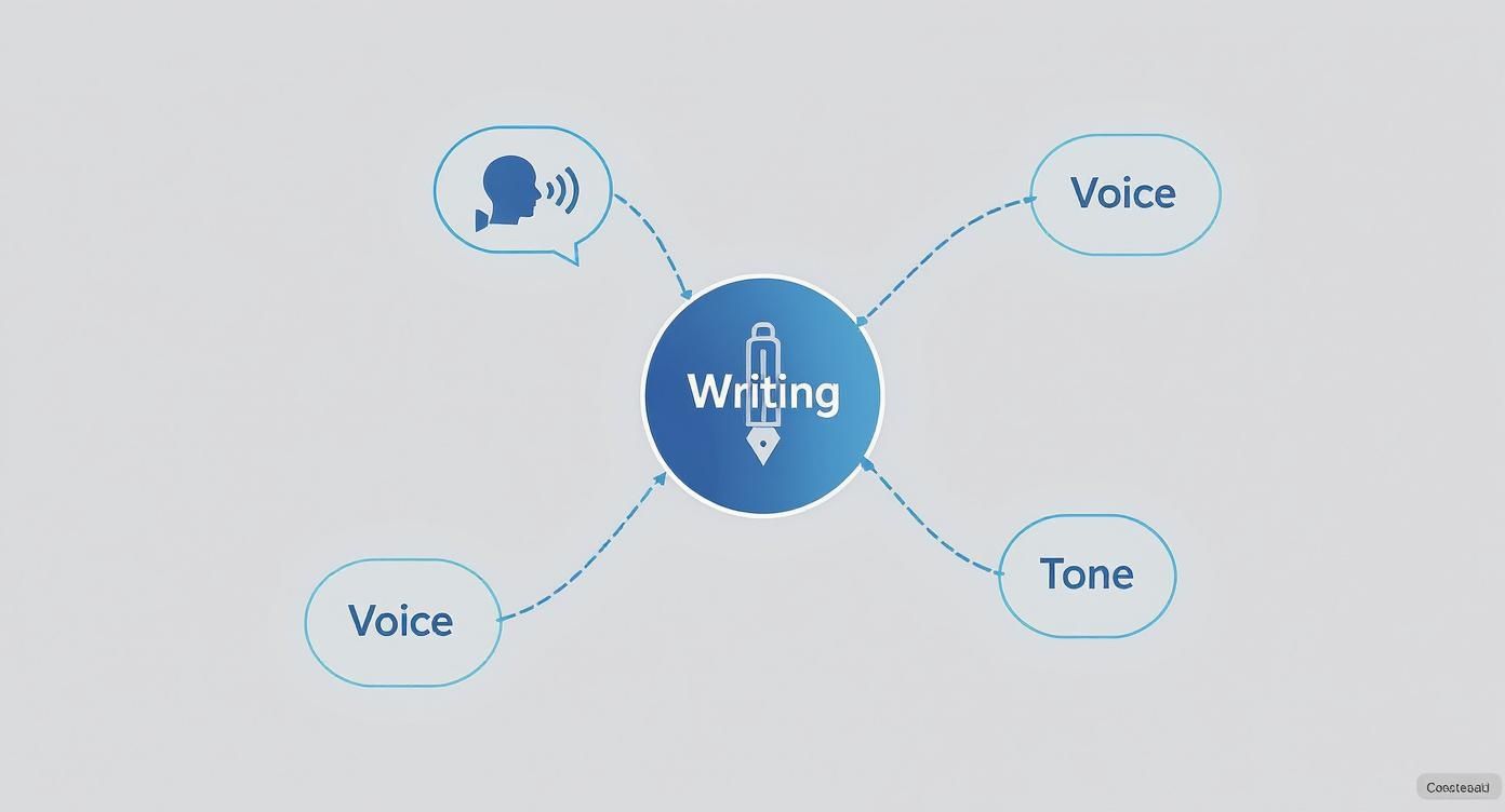 Writing concept diagram showing connections between voice and tone elements in content creation