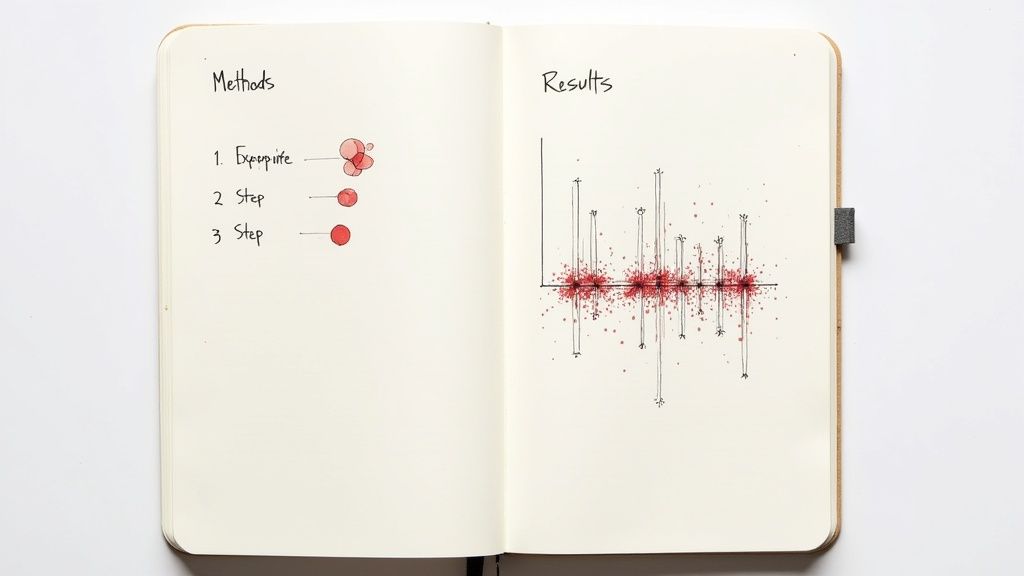 A person pointing to a chart with data visualizations, representing the presentation of research results.