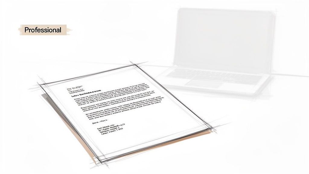 A minimalist sketch of a professional business letter with text and a laptop in the background.
